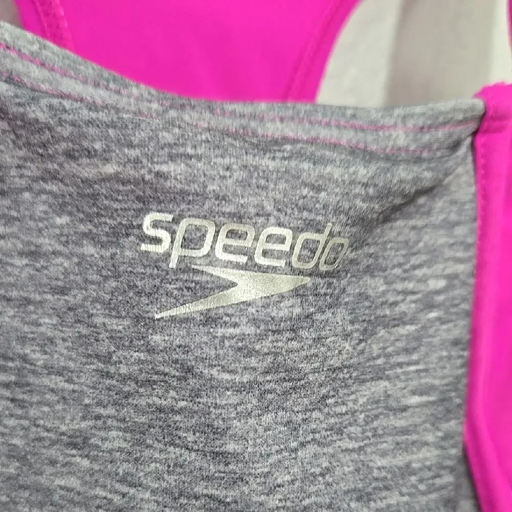 Speedo Girls One Piece Swimsuit Pink Gray Racerback UPF 50+ Size 8 Bathing Suit